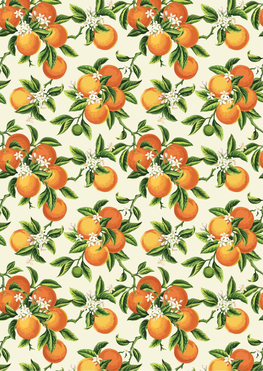 Pattern of vibrant oranges with green leaves and white blossoms on a light background, arranged in a repeating design.