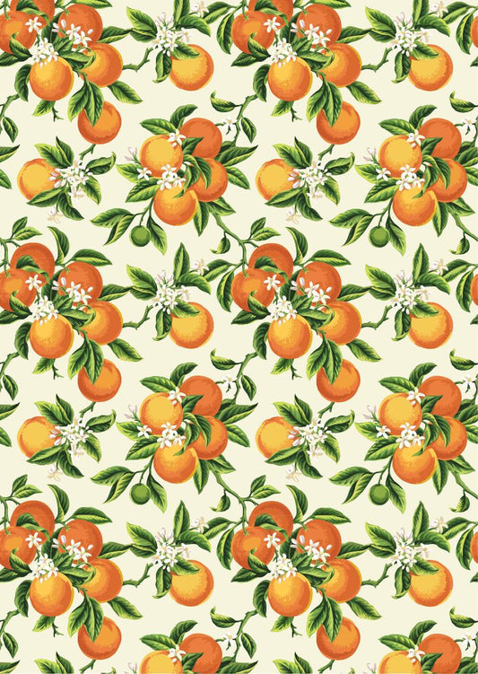 Pattern of vibrant oranges with green leaves and white blossoms on a light background, arranged in a repeating design.