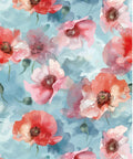 A vibrant floral pattern featuring pink and red poppies against a watercolor-style blue and teal background. The flowers are scattered throughout, creating a bright and lively design.