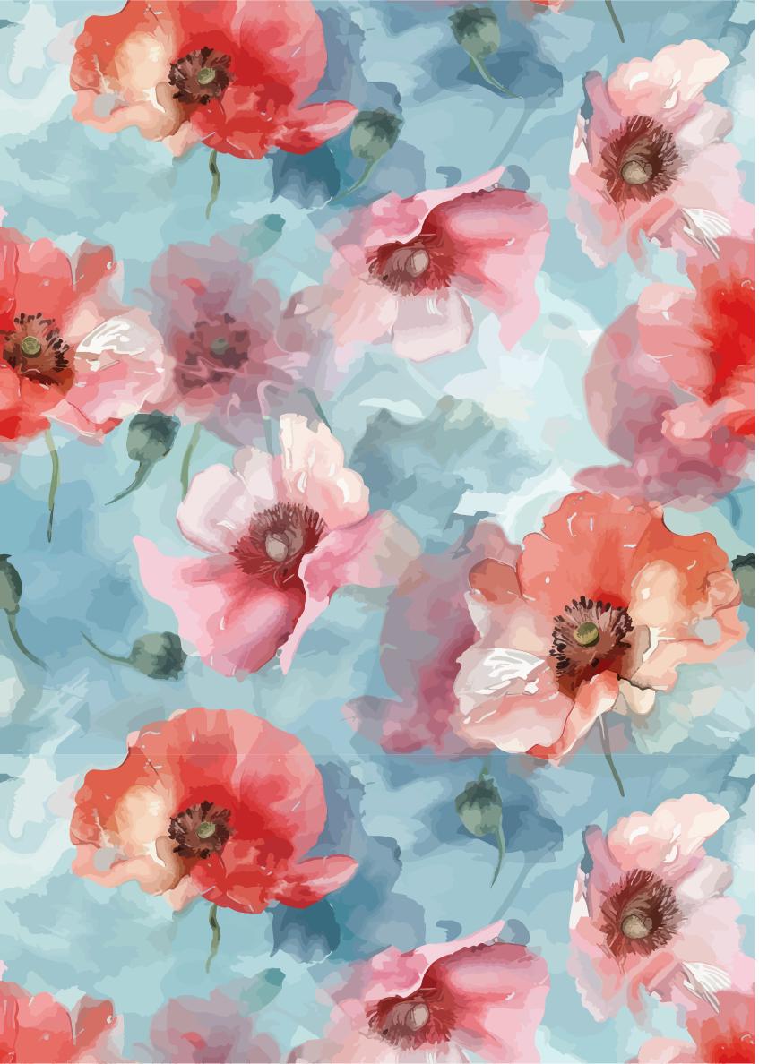 A vibrant floral pattern featuring pink and red poppies against a watercolor-style blue and teal background. The flowers are scattered throughout, creating a bright and lively design.