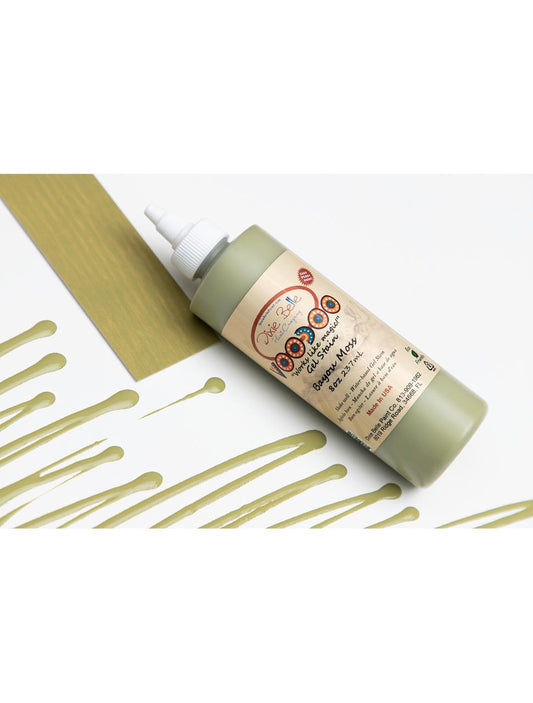 Image of Bayou Moss Voodoo Gel Stain bottle, next to it's respective stain sample card, along with lines of the stain on a white background.