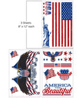 Image of America the Beautiful Transfer. A triptych of patriotic American-themed graphics featuring bald eagles, the American flag, and the statue of liberty, with words like "God Bless America" "Freedom," and "America the Beautiful." "3 Sheets- 8 in. x 12 in. each"