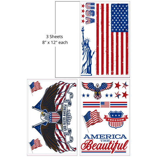 Image of America the Beautiful Transfer. A triptych of patriotic American-themed graphics featuring bald eagles, the American flag, and the statue of liberty, with words like "God Bless America" "Freedom," and "America the Beautiful." "3 Sheets- 8 in. x 12 in. each"