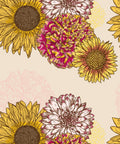 Three panels show floral patterns. The left and right panels feature large sunflowers, dahlias, and peonies with a brown and beige background respectively.