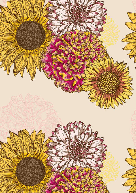 Three panels show floral patterns. The left and right panels feature large sunflowers, dahlias, and peonies with a brown and beige background respectively.