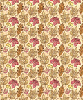 Three panels show floral patterns. The middle panel has a repeating pattern of small maple and fall leaves in pink and brown on a beige background.