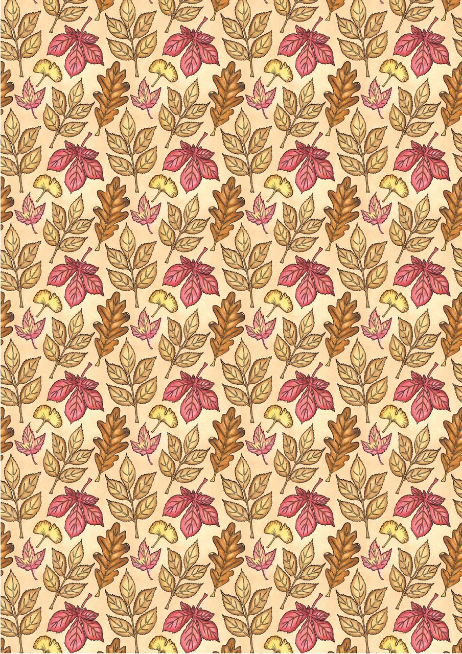 Three panels show floral patterns. The middle panel has a repeating pattern of small maple and fall leaves in pink and brown on a beige background.