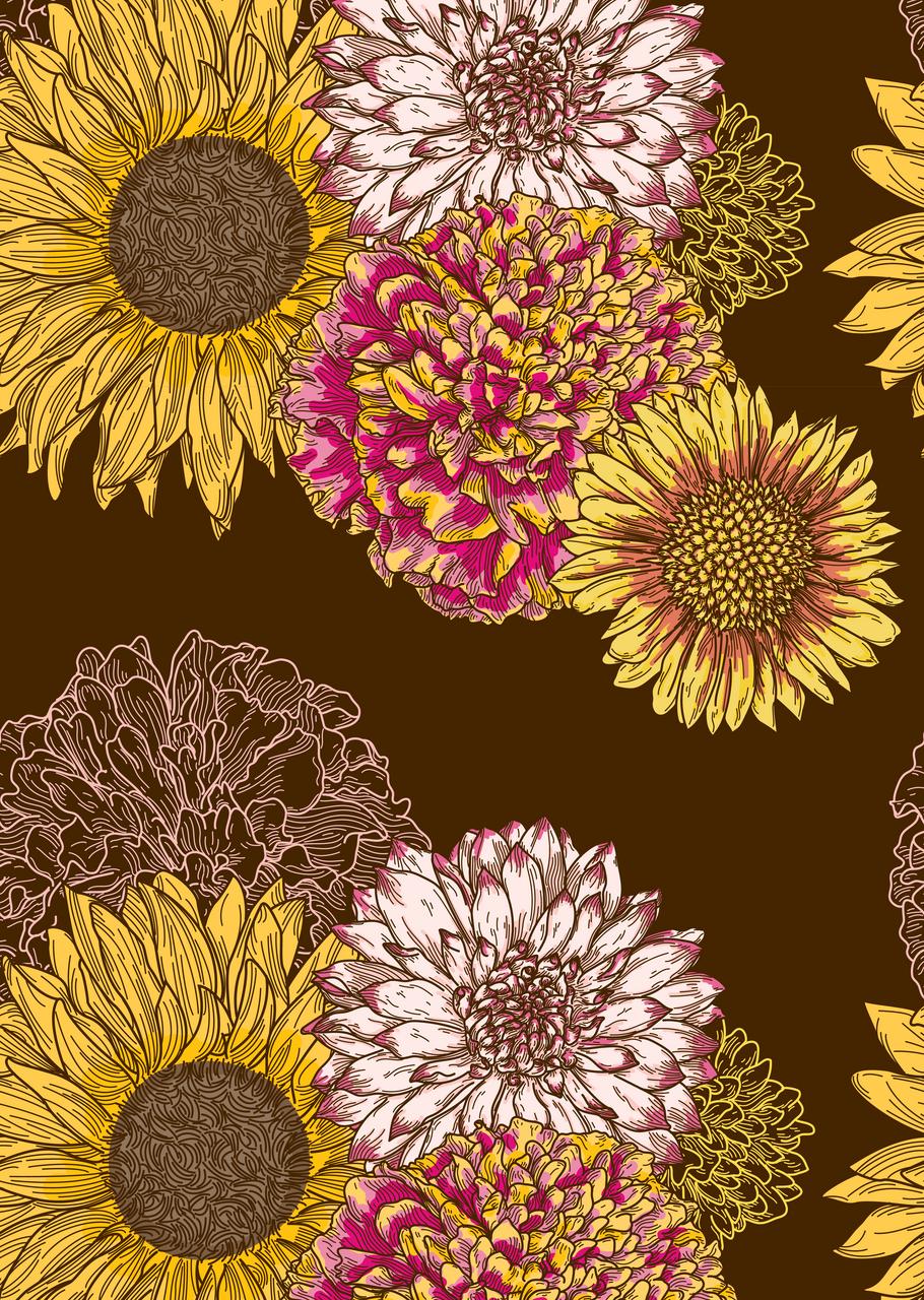 Three panels show floral patterns. The left and right panels feature large sunflowers, dahlias, and peonies with a brown and beige background respectively.