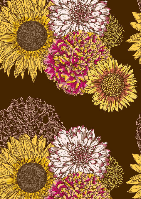 Three panels show floral patterns. The left and right panels feature large sunflowers, dahlias, and peonies with a brown and beige background respectively.