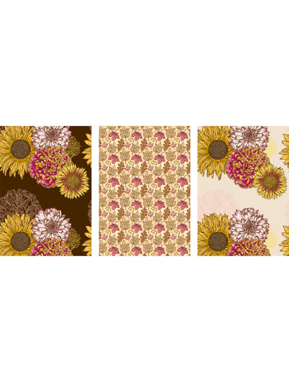 Three panels show floral patterns. The left and right panels feature large sunflowers, dahlias, and peonies with a brown and beige background respectively. The middle panel has a repeating pattern of small roses in pink and brown on a beige background.