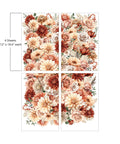 Four sheets of paper, each measuring 12 inches by 18.6 inches, feature an array of autumn-colored flowers. The floral arrangement includes roses, dahlias, and greenery in hues of cream, peach, orange, and burgundy, forming a cohesive, vibrant design.