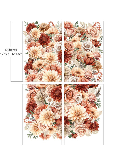 Four sheets of paper, each measuring 12 inches by 18.6 inches, feature an array of autumn-colored flowers. The floral arrangement includes roses, dahlias, and greenery in hues of cream, peach, orange, and burgundy, forming a cohesive, vibrant design.