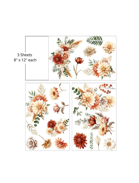 Three sheets of floral transfers, each measuring 8 inches by 12 inches. The sheets feature a variety of flowers including roses, dahlias, and lilies in red, orange, and cream tones, along with green leaves and dried branches.