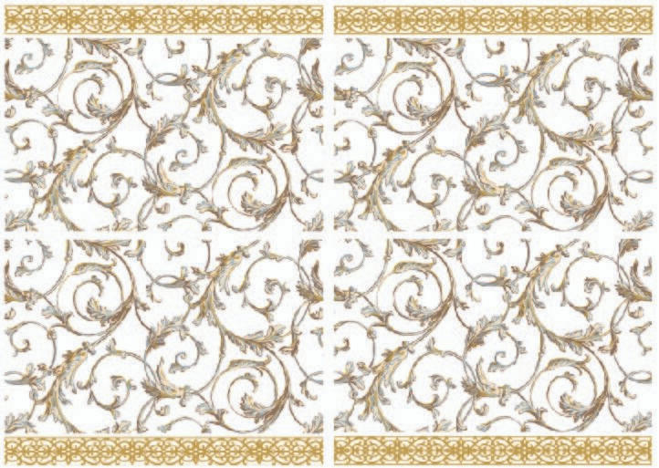 Image of the Baroque Swirls Water Slide Transfer. 4 sheets of brown and blue baroque style swirls with a gold border on the top and bottom.