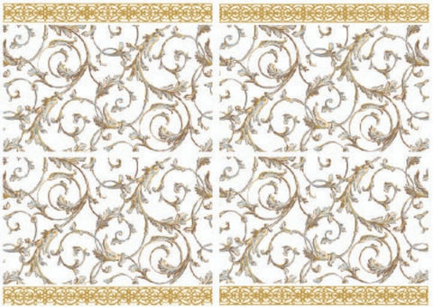 Image of the Baroque Swirls Water Slide Transfer. 4 sheets of brown and blue baroque style swirls with a gold border on the top and bottom.