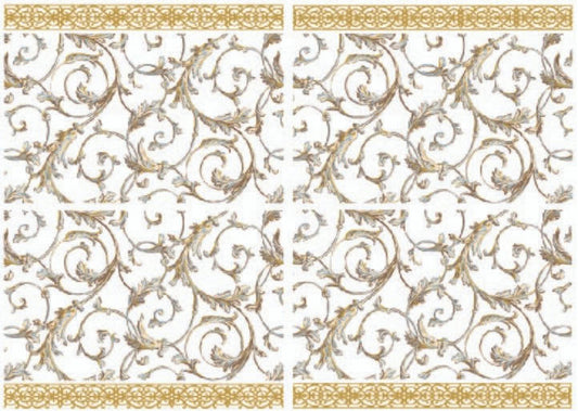 Image of the Baroque Swirls Water Slide Transfer. 4 sheets of brown and blue baroque style swirls with a gold border on the top and bottom.