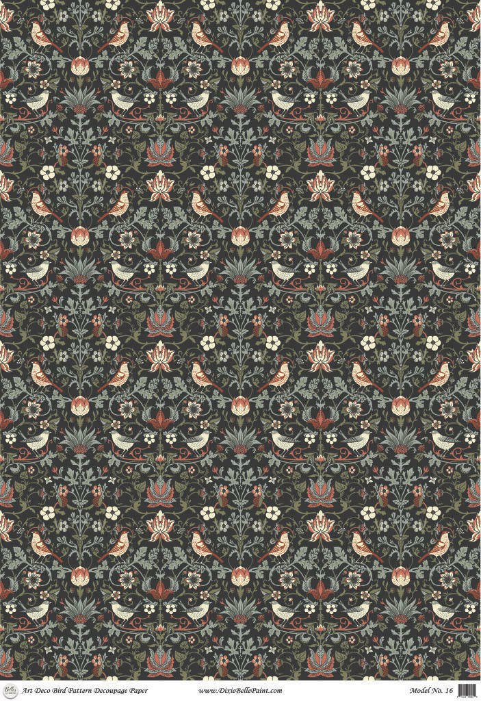 Belles and Whistles Art Deco Bird Pattern - A1 Rice Decoupage Paper is a simple way to visually enhance any surface of your project!
This is a very "busy" sheet.  There are brown birds and gray birds in this pattern.  The birds are small.  There is lots of plants on this sheet too.  The colors of the leaves range from green tones and orange tones.  It is all in front of a black background but very little of the background is shown because there are so many plants and birds on this sheet of decoupage.