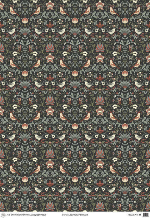 Belles and Whistles Art Deco Bird Pattern - A1 Rice Decoupage Paper is a simple way to visually enhance any surface of your project!
This is a very "busy" sheet.  There are brown birds and gray birds in this pattern.  The birds are small.  There is lots of plants on this sheet too.  The colors of the leaves range from green tones and orange tones.  It is all in front of a black background but very little of the background is shown because there are so many plants and birds on this sheet of decoupage.