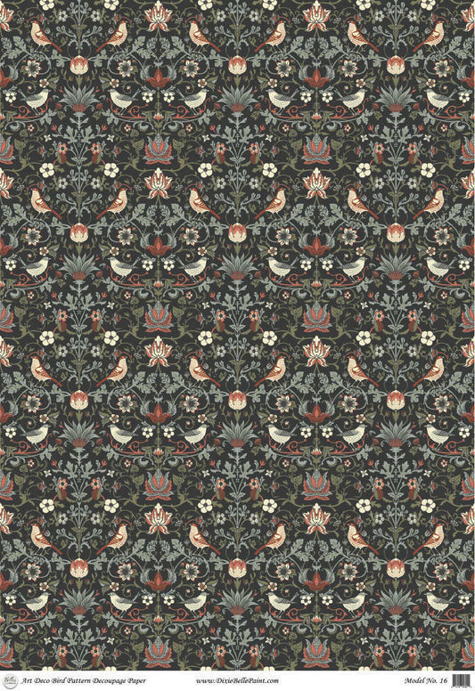 Belles and Whistles Art Deco Bird Pattern - A1 Rice Decoupage Paper is a simple way to visually enhance any surface of your project!
This is a very "busy" sheet.  There are brown birds and gray birds in this pattern.  The birds are small.  There is lots of plants on this sheet too.  The colors of the leaves range from green tones and orange tones.  It is all in front of a black background but very little of the background is shown because there are so many plants and birds on this sheet of decoupage.