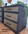 Belles and Whistles Basket Weave - Stencil,A Basket Weave design on our Premium Mylar Stencils feature a high grade material allowing for the most precise stenciling techniques and applications. Our stencils can be used on walls, furniture and more. Durable and reusable.  Laser cut on 1o mil Mylar. Black bedside tables with Basket Weave - Stencil on all three drawers in gold. Staged with greenery hanging off piece with a black K in the background on top of other table.