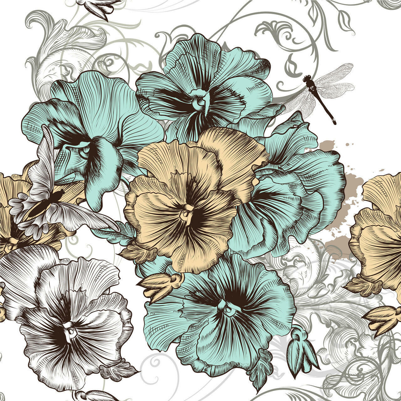 Belles and Whistles Blue and Yellow Floral - Rice Decoupage Paper is a simple way to visually enhance any surface of your project! vintage floral pattern with teal and light yellow gold flowers with faded scroll work in the background.