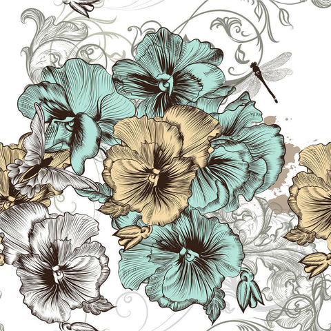 Belles and Whistles Blue and Yellow Floral - Rice Decoupage Paper is a simple way to visually enhance any surface of your project! vintage floral pattern with teal and light yellow gold flowers with faded scroll work in the background.