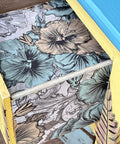 Belles and Whistles Blue and Yellow Floral - Rice Decoupage Paper is a simple way to visually enhance any surface of your project! View of the inside and outside of a drawer lined with Blue and Yellow Floral - Rice Decoupage Paper.