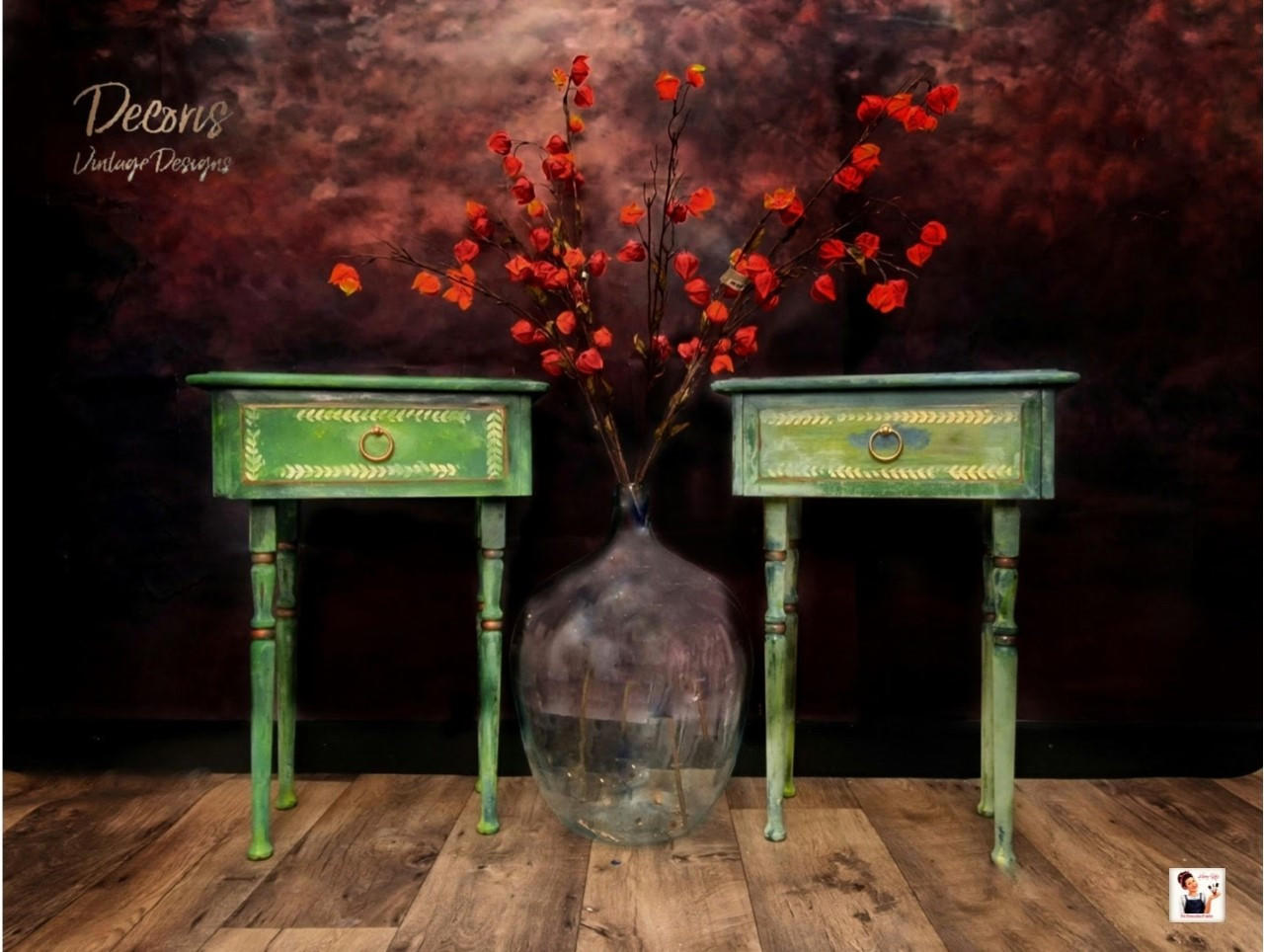 Belles and Whistles Botanical - Silkscreen Stencil provides an extra decorative touch to any project!
A bedside table set in green distressed style with the Botanical - Silkscreen Stencil around the drawers in yellow. Staged in front of a black and red background and wooden floors.