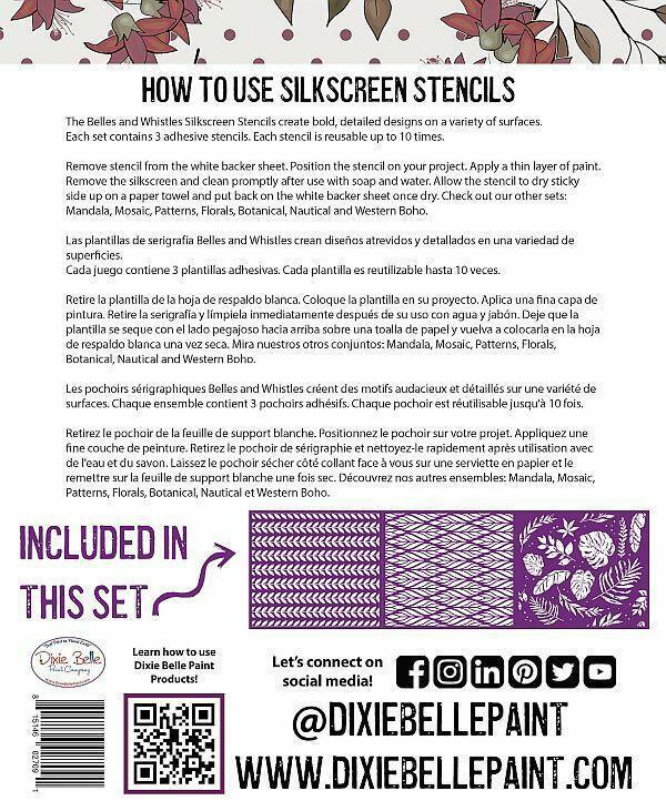 Belles and Whistles Botanical - Silkscreen Stencil provides an extra decorative touch to any project!
The Back of the packaging which has how to instructions in different languages, barcode, social media, and pattern previews.