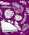 Belles and Whistles Botanical - Silkscreen Stencil provides an extra decorative touch to any project!
The first page of the Botanical - Silkscreen Stencil which is a plant leaves pattern as well as an icon that reads "APPLICATION TOOL INCLUDED".