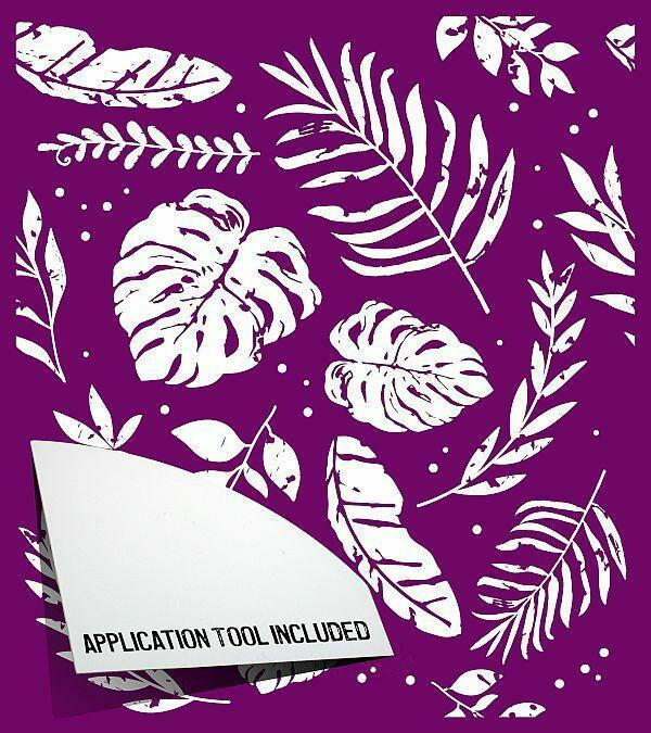 Belles and Whistles Botanical - Silkscreen Stencil provides an extra decorative touch to any project!
The first page of the Botanical - Silkscreen Stencil which is a plant leaves pattern as well as an icon that reads "APPLICATION TOOL INCLUDED".