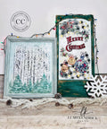 Belles and Whistles Buffalo Check - Stencil provides an extra decorative touch to any project!
Picture frame with Birchwood - Stencil inside with pine trees painted In front. Staged next to green board with "MERRY CHRISTMAS " with Holiday Joy - Stencil around the words painted on. Christmas lights hang around both piece and pinecones lay in front of pieces.