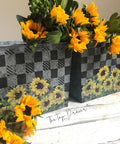 Belles and Whistles Buffalo Check - Stencil provides an extra decorative touch to any project!
Two metal baskets with the Buffalo Check - Stencil  and with the Sunflower - Transfer on the bottom. Staged with Sunflowers inside and around the baskets.