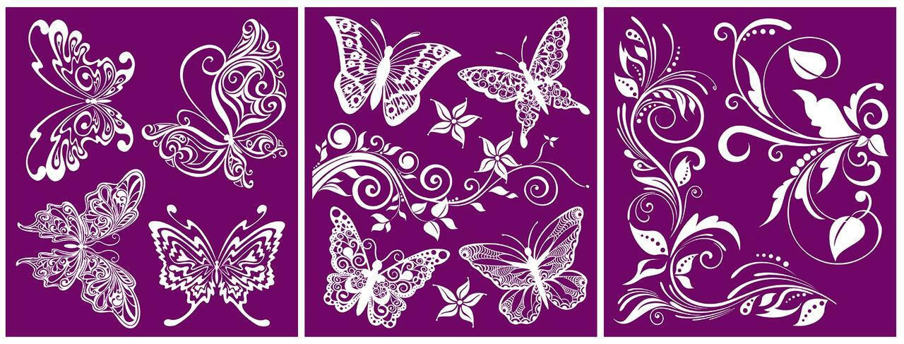 Belles and Whistles Butterflies - Silkscreen Stencil provides an extra decorative touch to any project!
All three layouts of the Butterflies - Silkscreen Stencil.