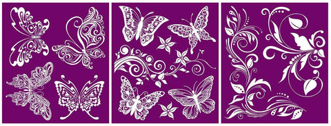 Belles and Whistles Butterflies - Silkscreen Stencil provides an extra decorative touch to any project!
All three layouts of the Butterflies - Silkscreen Stencil.