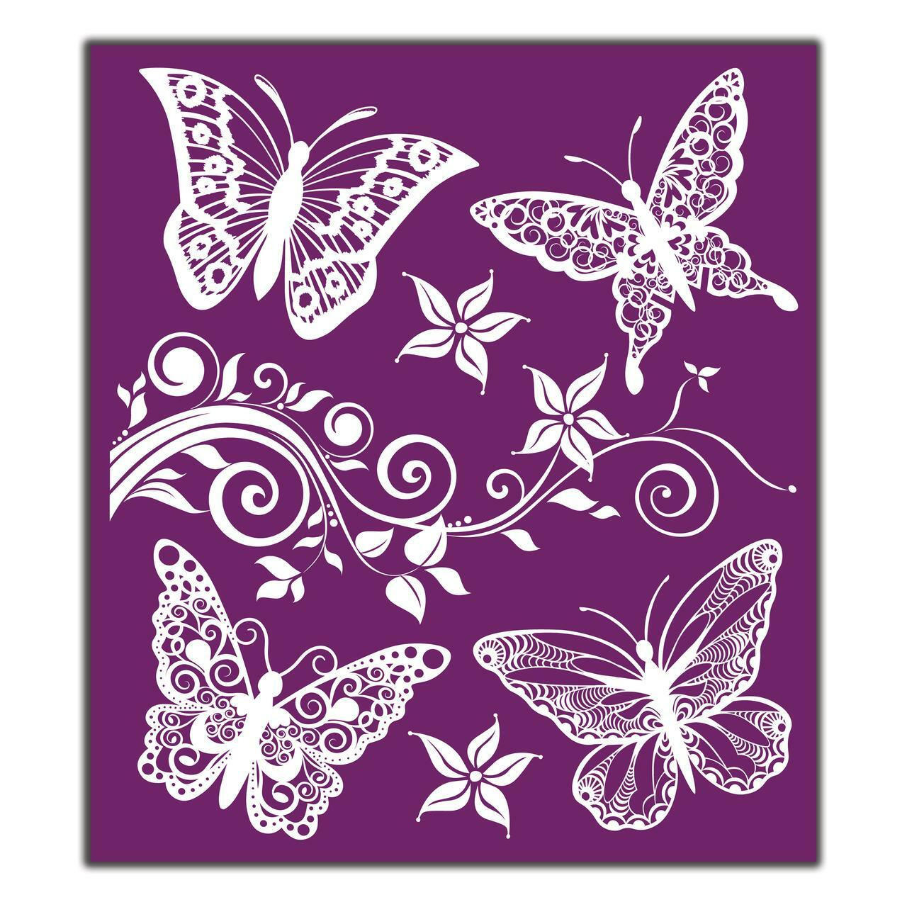 Belles and Whistles Butterflies - Silkscreen Stencil provides an extra decorative touch to any project!
The patterns of lace butterflies on the Butterflies - Silkscreen Stencil.