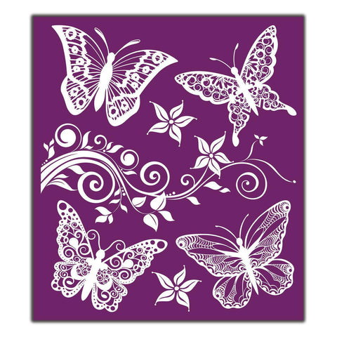 Belles and Whistles Butterflies - Silkscreen Stencil provides an extra decorative touch to any project!
The patterns of lace butterflies on the Butterflies - Silkscreen Stencil.