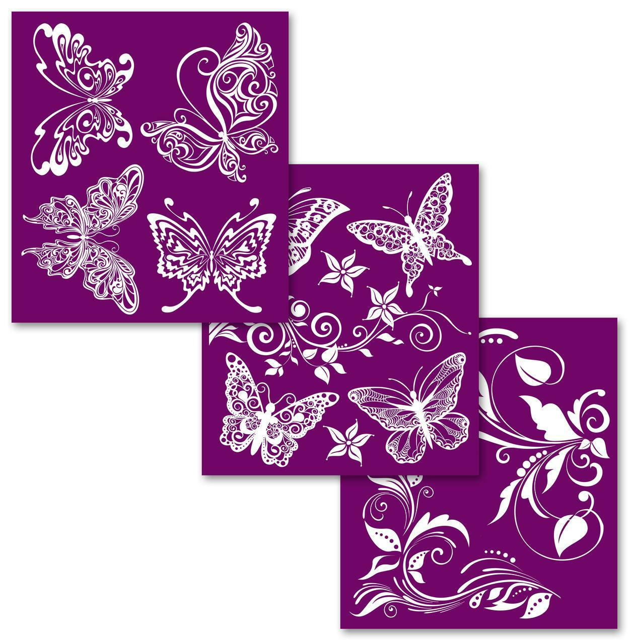 Belles and Whistles Butterflies - Silkscreen Stencil provides an extra decorative touch to any project!
The three sheets of the patterns on Butterflies - Silkscreen Stencil.