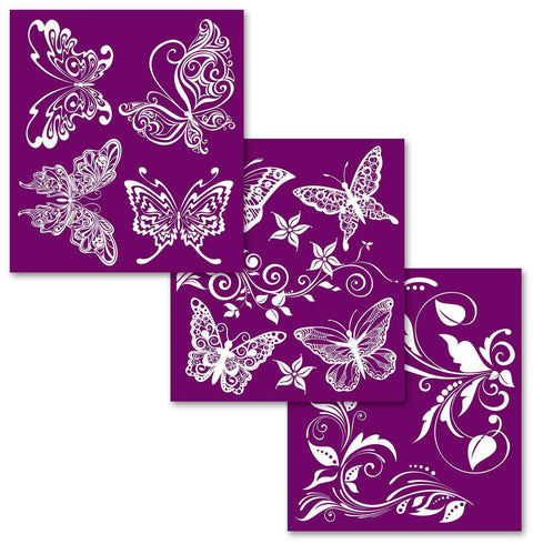 Belles and Whistles Butterflies - Silkscreen Stencil provides an extra decorative touch to any project!
The three sheets of the patterns on Butterflies - Silkscreen Stencil.