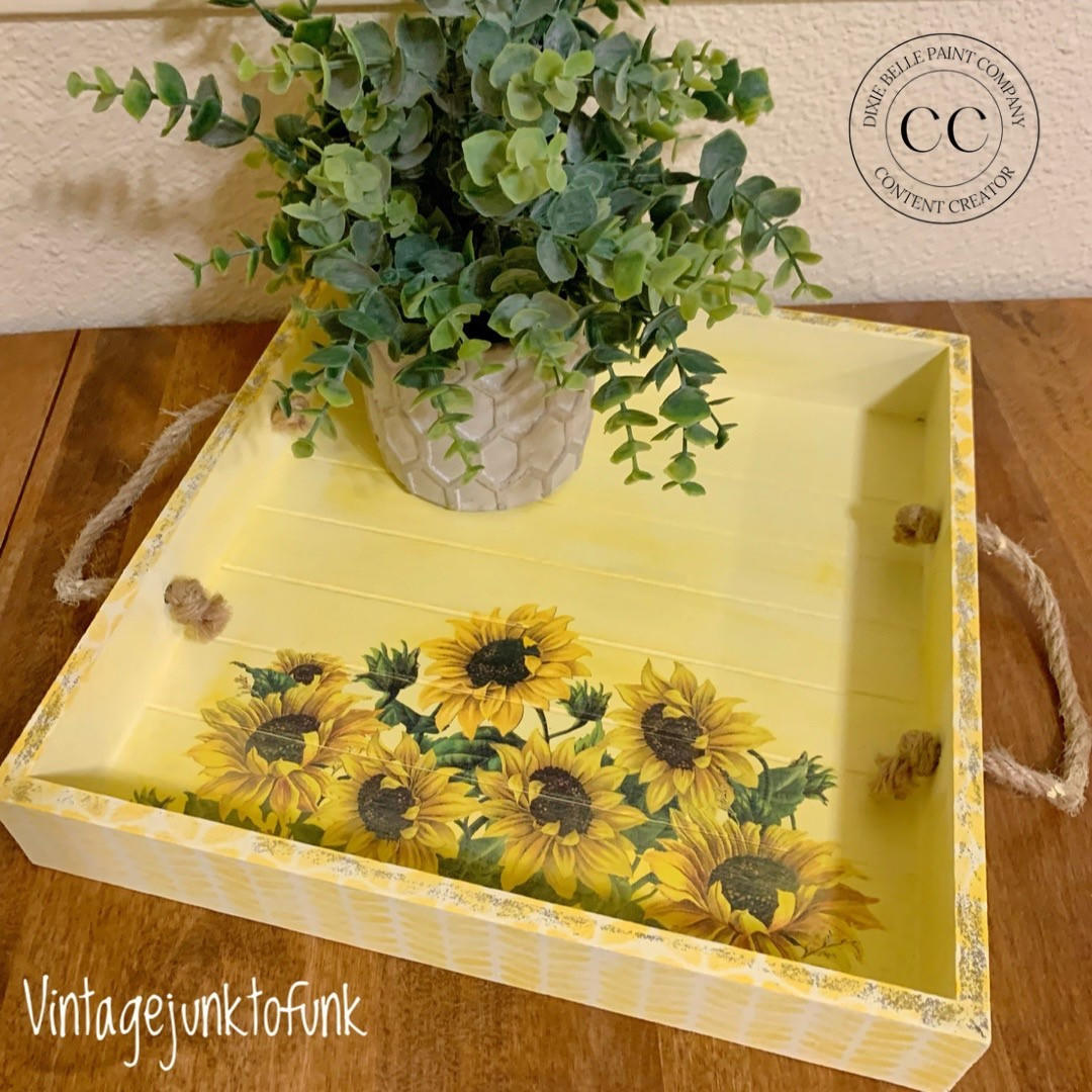 Belles and Whistles Cozy Sweater - Stencil provides an extra decorative touch to any project! A yellow tray that has a sunflower transfer on the inside bottom and featuring the cozy sweater stencil on all the sides of the tray.