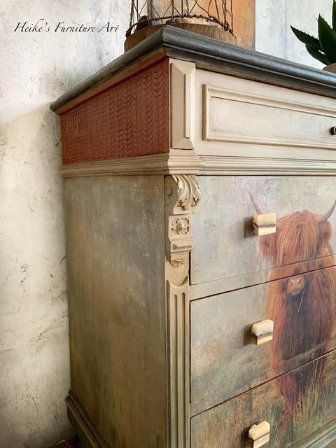 Belles and Whistles Cozy Sweater - Stencil provides an extra decorative touch to any project! An image showing a dresser painted with a rustic look and featuring the cozy sweater stencil on the top sides of the dresser.