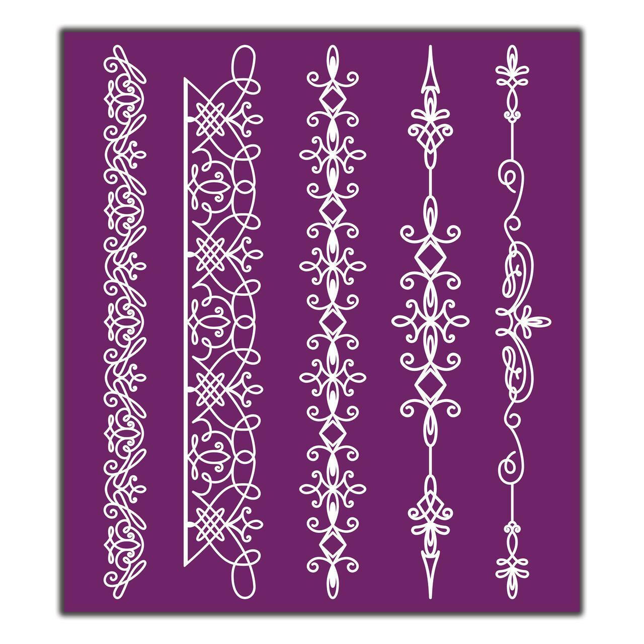 Belles and Whistles Delicate Lace - Silkscreen Stencil provides an extra decorative touch to any project!
This shows a sheet of silkscreen stencil that has different trims.