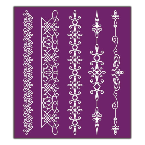 Belles and Whistles Delicate Lace - Silkscreen Stencil provides an extra decorative touch to any project!
This shows a sheet of silkscreen stencil that has different trims.