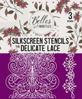 Belles and Whistles Delicate Lace - Silkscreen Stencil provides an extra decorative touch to any project!
This shows our silkscreen packaging with purple and white stenciling on the bottom and flowers with a white background on top.  On the packaging it says, Belles and Whistles, 3 Designs and Silkscreen stencils Delicate Lace.