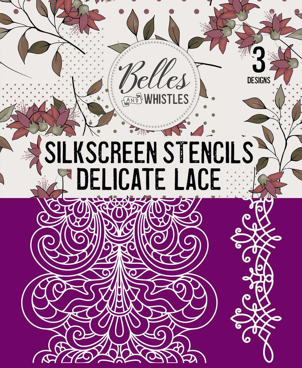 Belles and Whistles Delicate Lace - Silkscreen Stencil provides an extra decorative touch to any project!
This shows our silkscreen packaging with purple and white stenciling on the bottom and flowers with a white background on top.  On the packaging it says, Belles and Whistles, 3 Designs and Silkscreen stencils Delicate Lace.