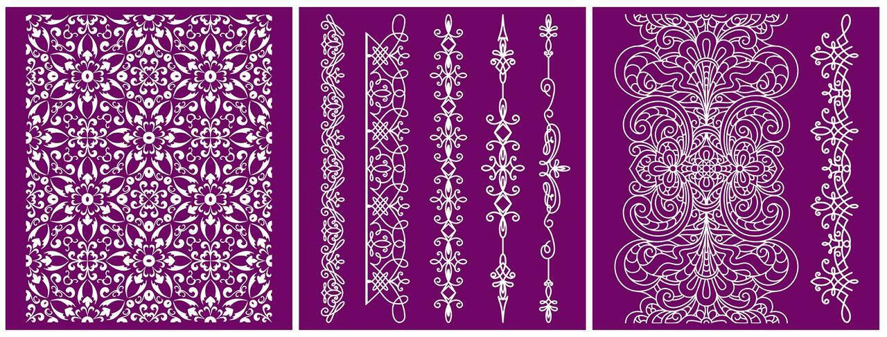 Belles and Whistles Delicate Lace - Silkscreen Stencil provides an extra decorative touch to any project!
This has all three stencils side-by-side to each other.
