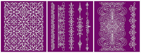 Belles and Whistles Delicate Lace - Silkscreen Stencil provides an extra decorative touch to any project!
This has all three stencils side-by-side to each other.