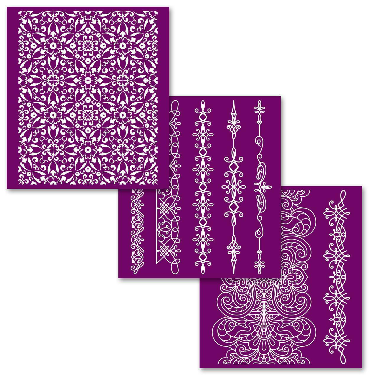 Belles and Whistles Delicate Lace - Silkscreen Stencil provides an extra decorative touch to any project!
This shows the 3 stencils that are in the Delicate Lace packaging.  There are 3 different stencils on a purple background.