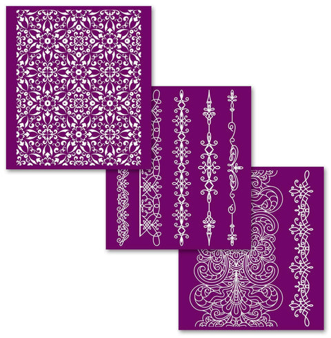 Belles and Whistles Delicate Lace - Silkscreen Stencil provides an extra decorative touch to any project!
This shows the 3 stencils that are in the Delicate Lace packaging.  There are 3 different stencils on a purple background.