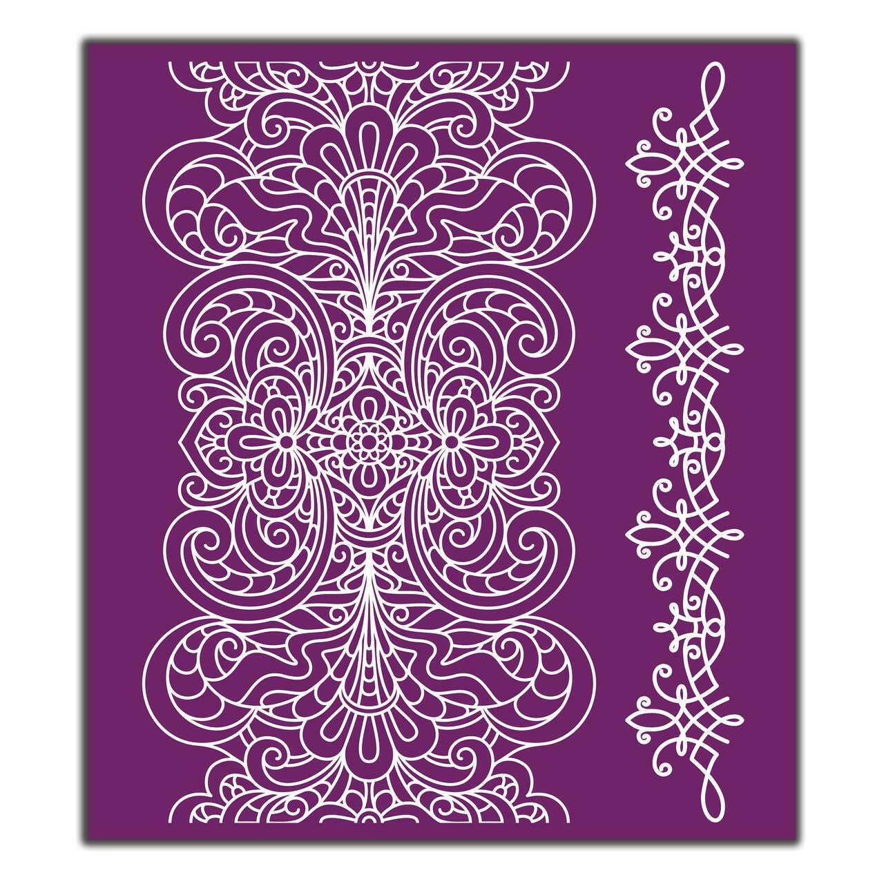 Belles and Whistles Delicate Lace - Silkscreen Stencil provides an extra decorative touch to any project!
This shows a sheet of silkscreen stencil that has a paisley runner design.